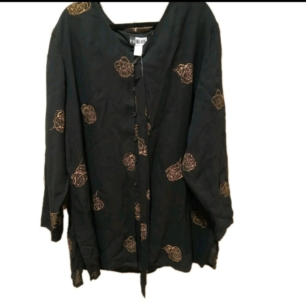 Long Kimono Blouse Black With Gold Flowers Brand New Plus Size:3x Rayon